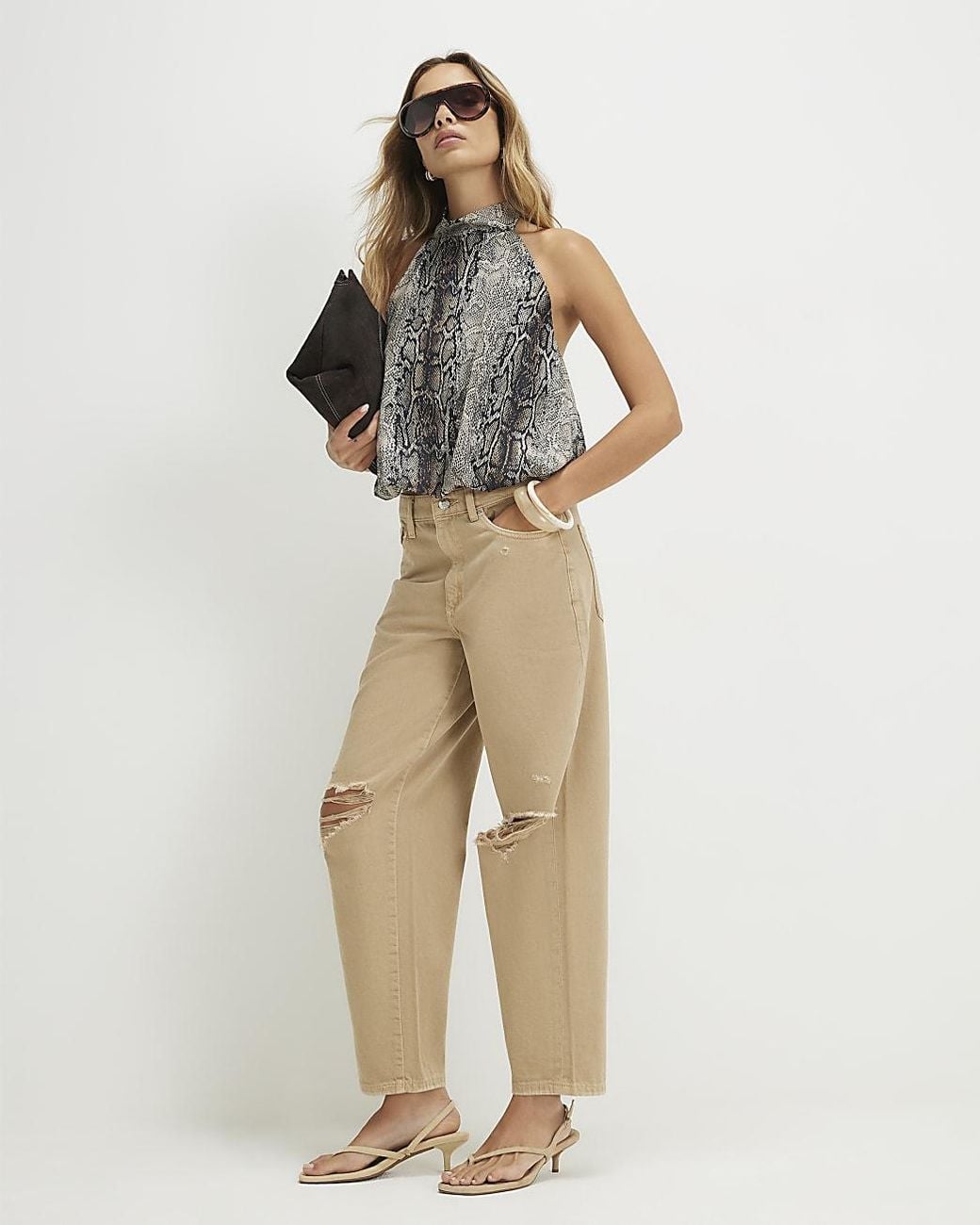 River Island Natural Barrel Leg Jeans Ripped Cotton