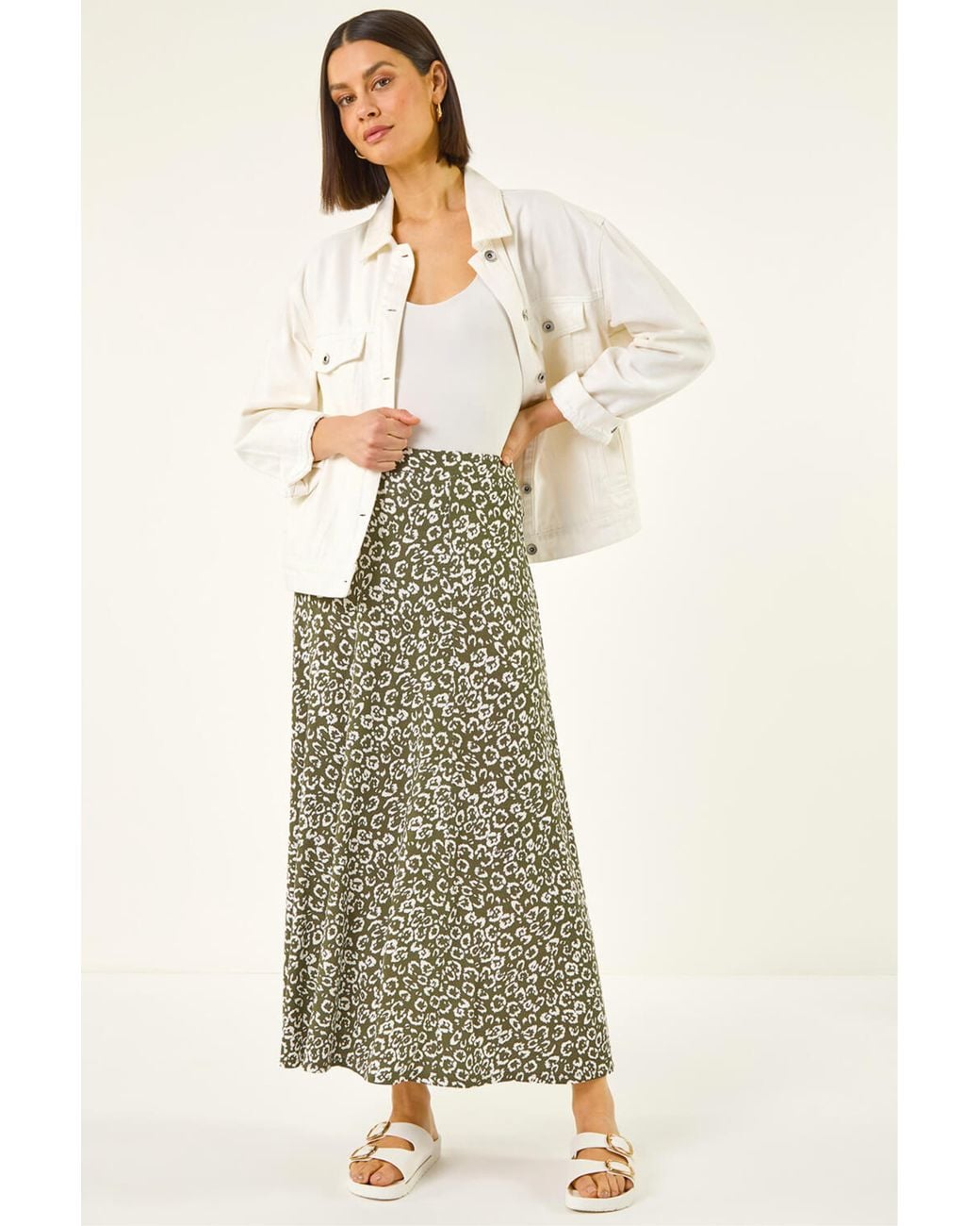 Roman Green Leopard Print Midi Skirt