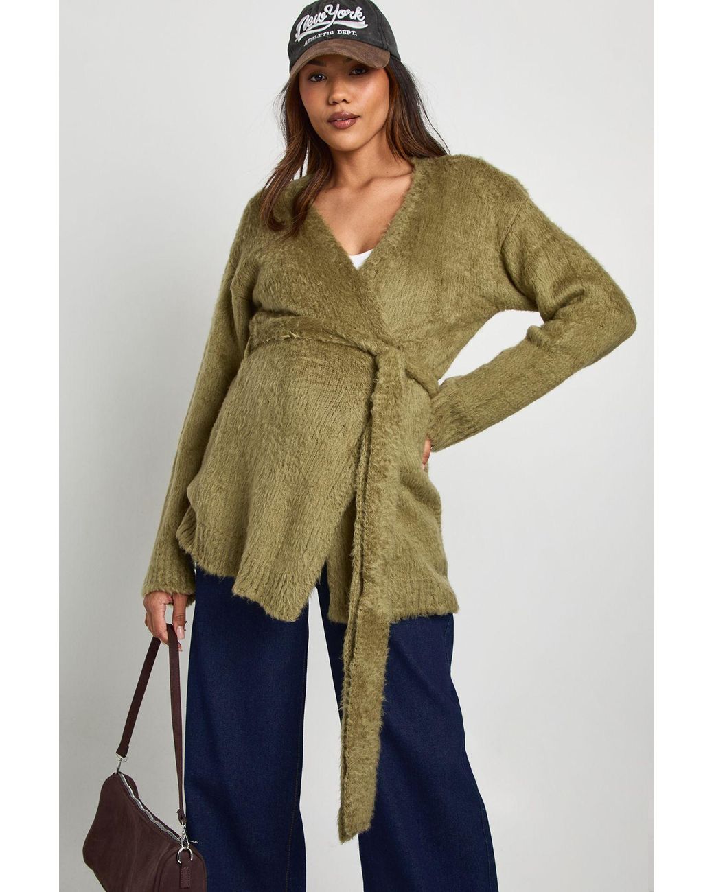 Boohoo Green Maternity Fluffy Belted Cardigan