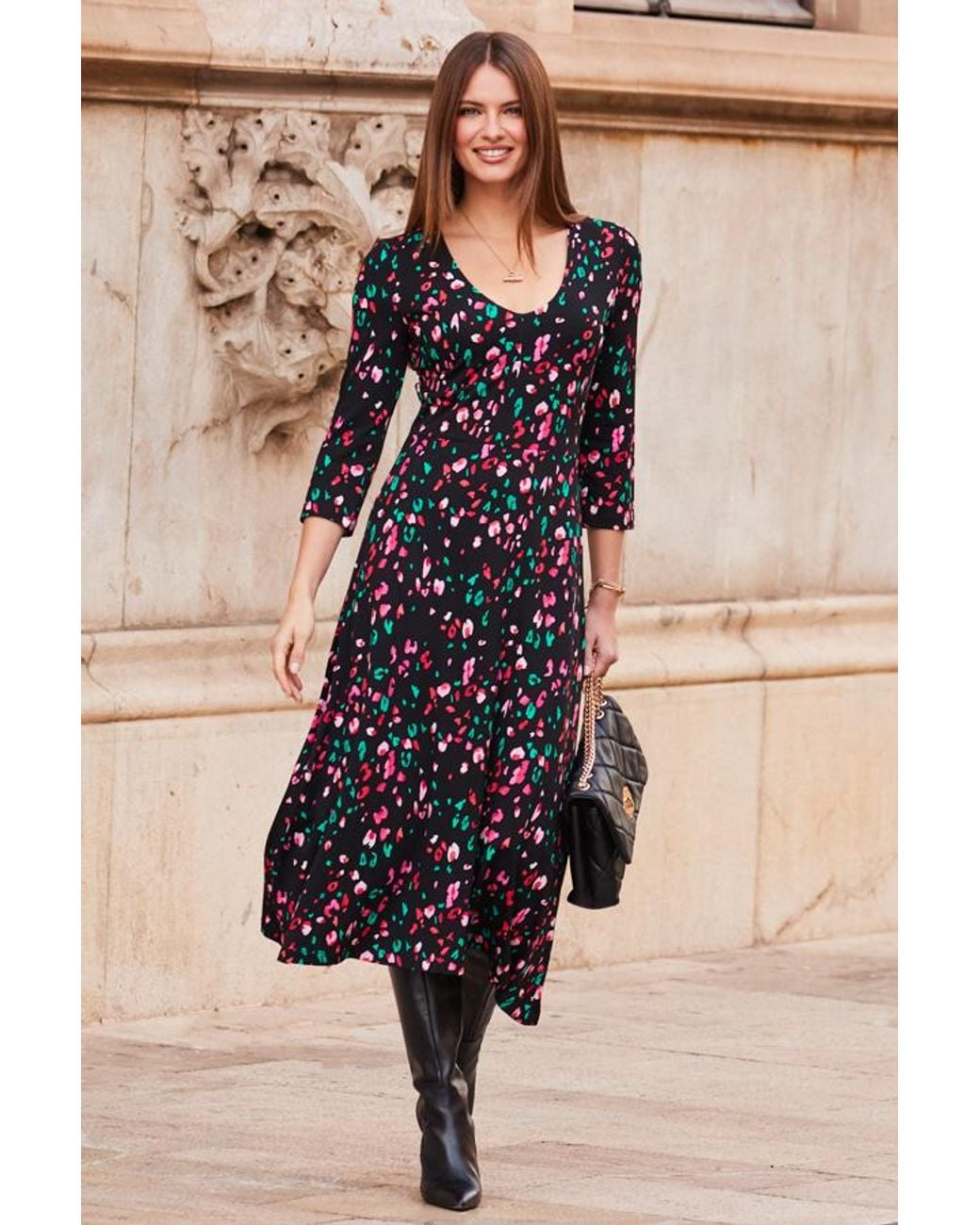 Sosandar Black Animal Print Jersey Midi Dress