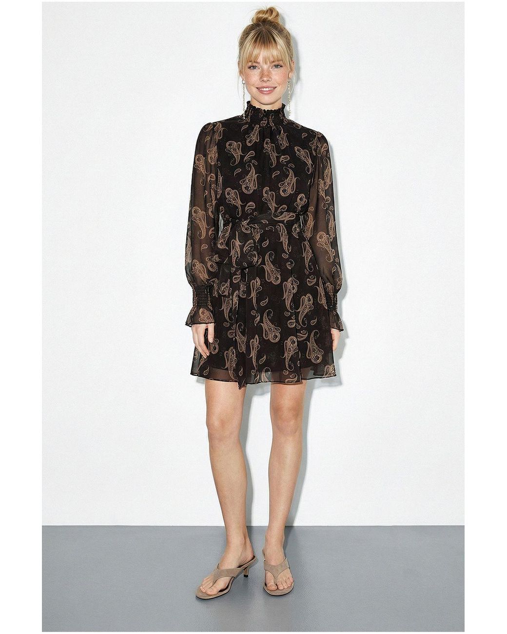 Bianco Lucci Black Belted Paisley Print Turtleneck Mini Dress