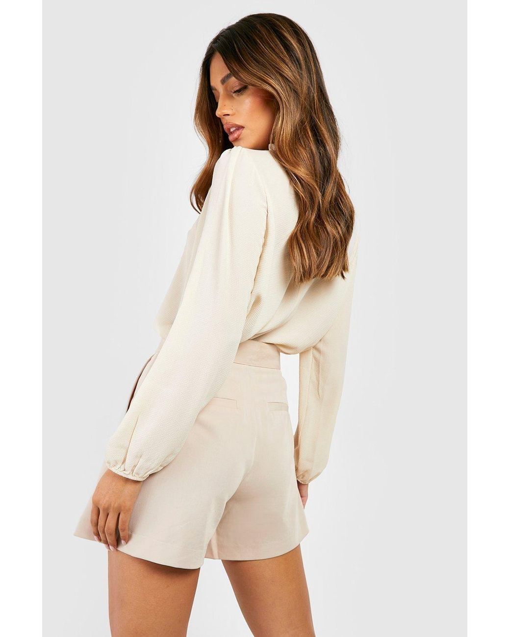 Boohoo Natural Frill Neck Long Sleeve Woven Blouse
