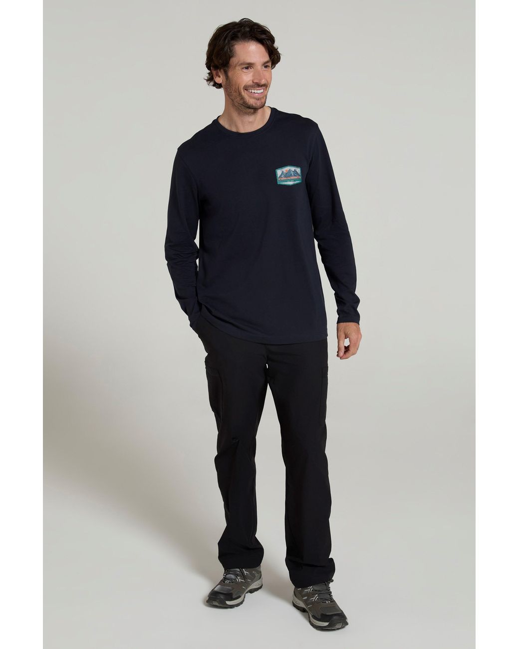 Mountain Warehouse Blue 'Mountain Badge' Graphic Top Cotton Long Sleeve Everyday Casual Tee for men