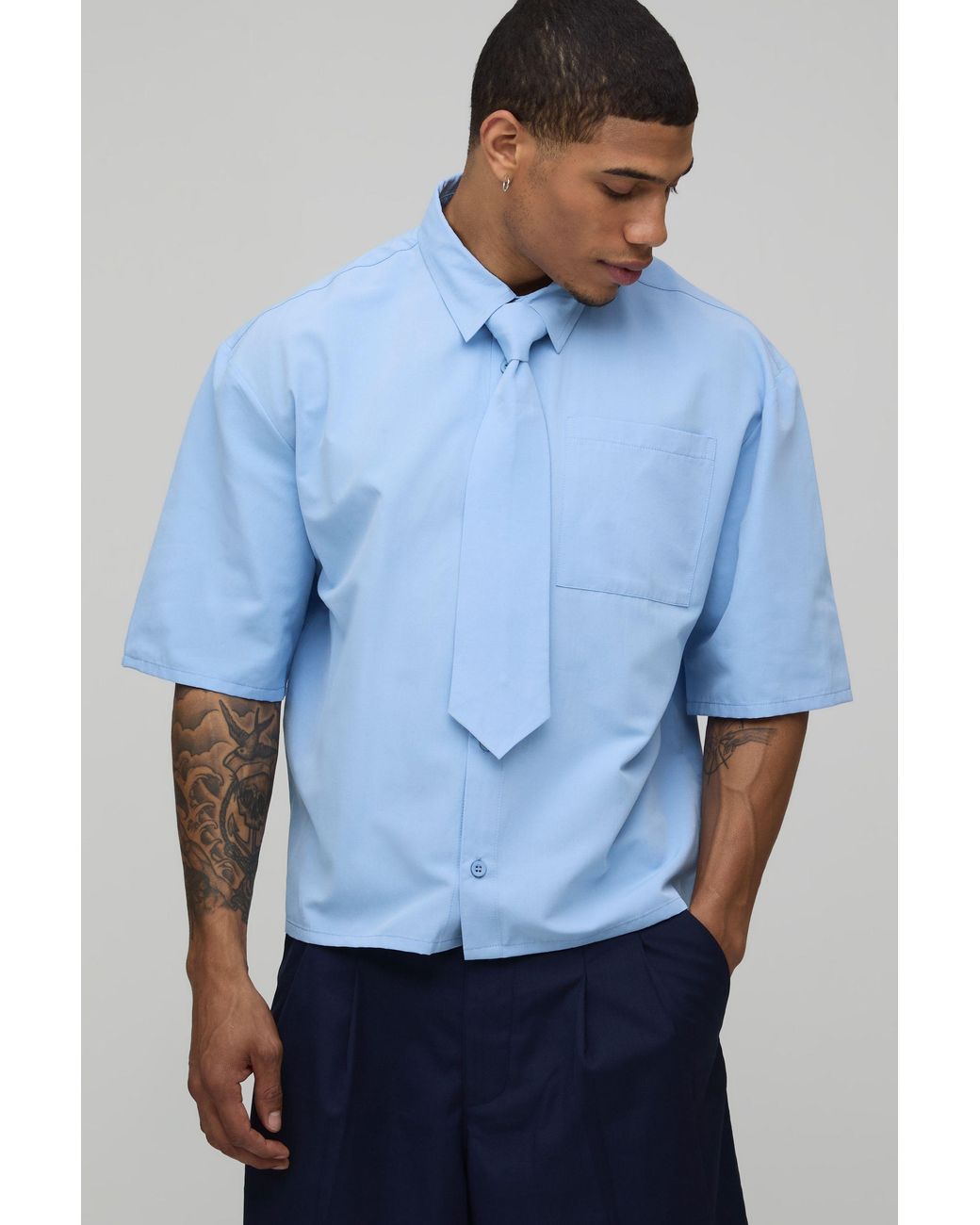 BoohooMAN Blue Oversized Boxy Half Sleeve Shirt And Tie for men