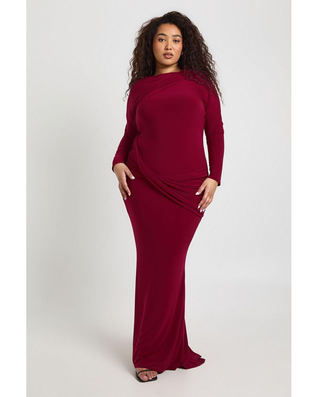 Boohoo Red Plus Twist Detail Long Sleeve Maxi Dress