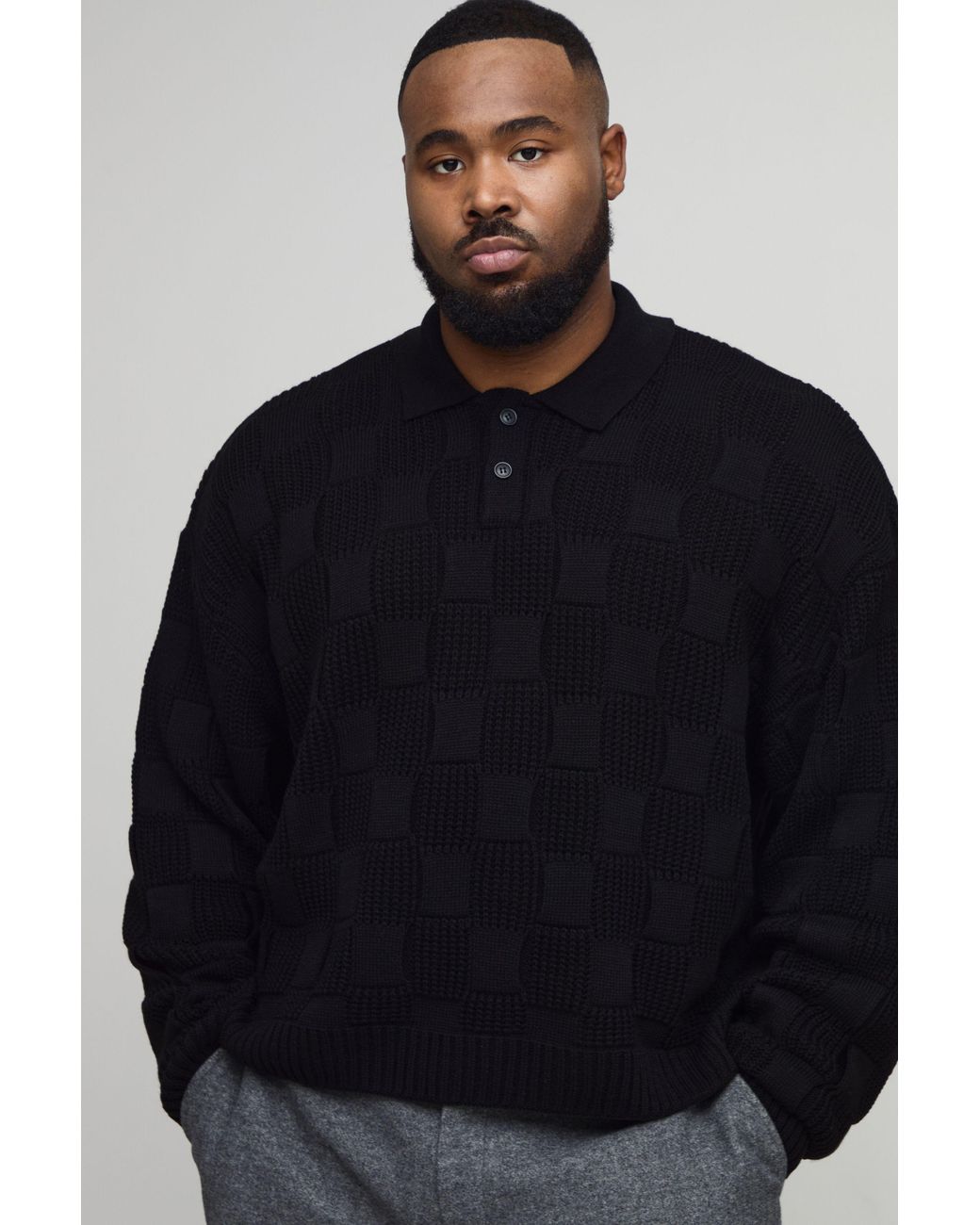 BoohooMAN Blue Plus Oversized Rib Mixed Cable Knitted Polo for men