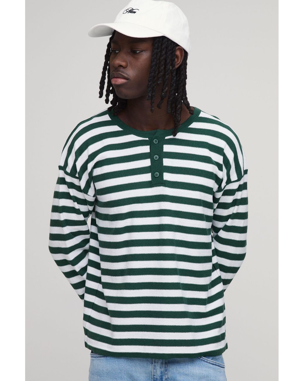 BoohooMAN Blue Regular Fit Henley Striped Knitted Long Sleeve T-Shirt for men
