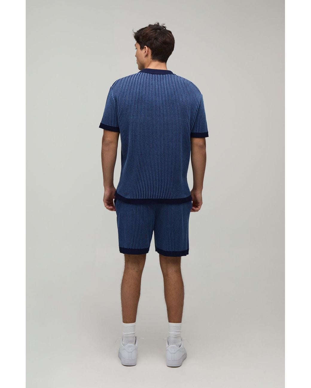 BoohooMAN Blue Relaxed V Neck Ribbed Polo And Short Knitted Set for men