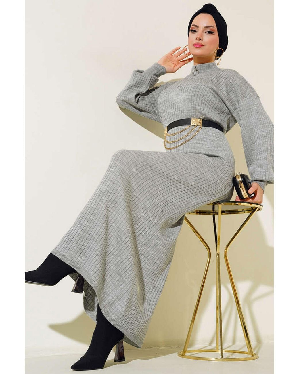 Bigdart Gray Maxi Turtleneck Ribbed Knit Dress