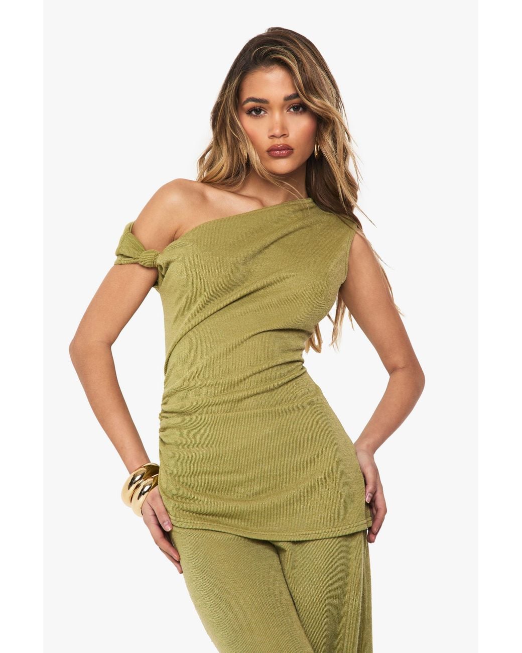 Boohoo Green Textured Off Shoulder Ruched Top