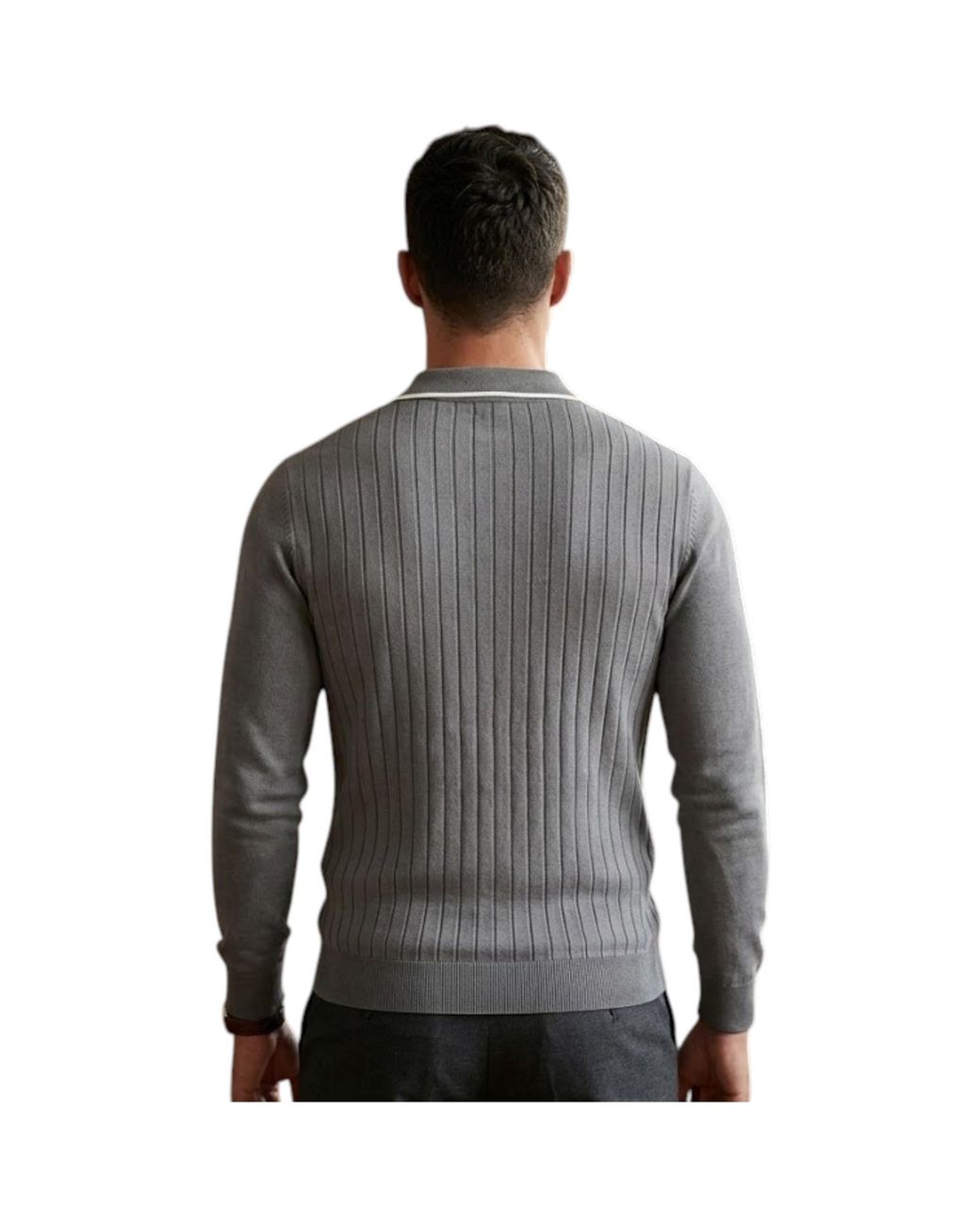Cappuccino Italia Gray Polo Shirts Ribbed Knit Tipped Long Sleeve 1/4 Golf Tee for men