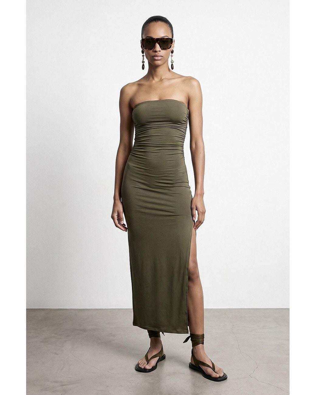 Dilvin Green Strapless Bodycon Maxi Dress With Slit