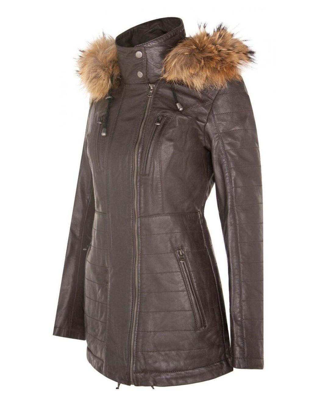 Infinity Leather Brown Slim Fit Hooded Parka Jacket-Northam