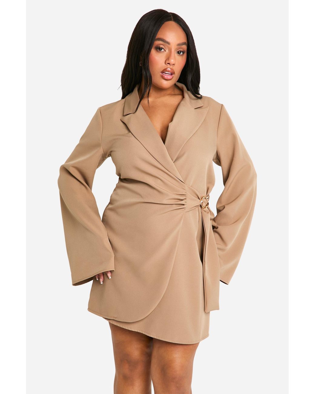 Boohoo Natural Plus Buckle Detail Tie Waist Tailored Blazer Dress