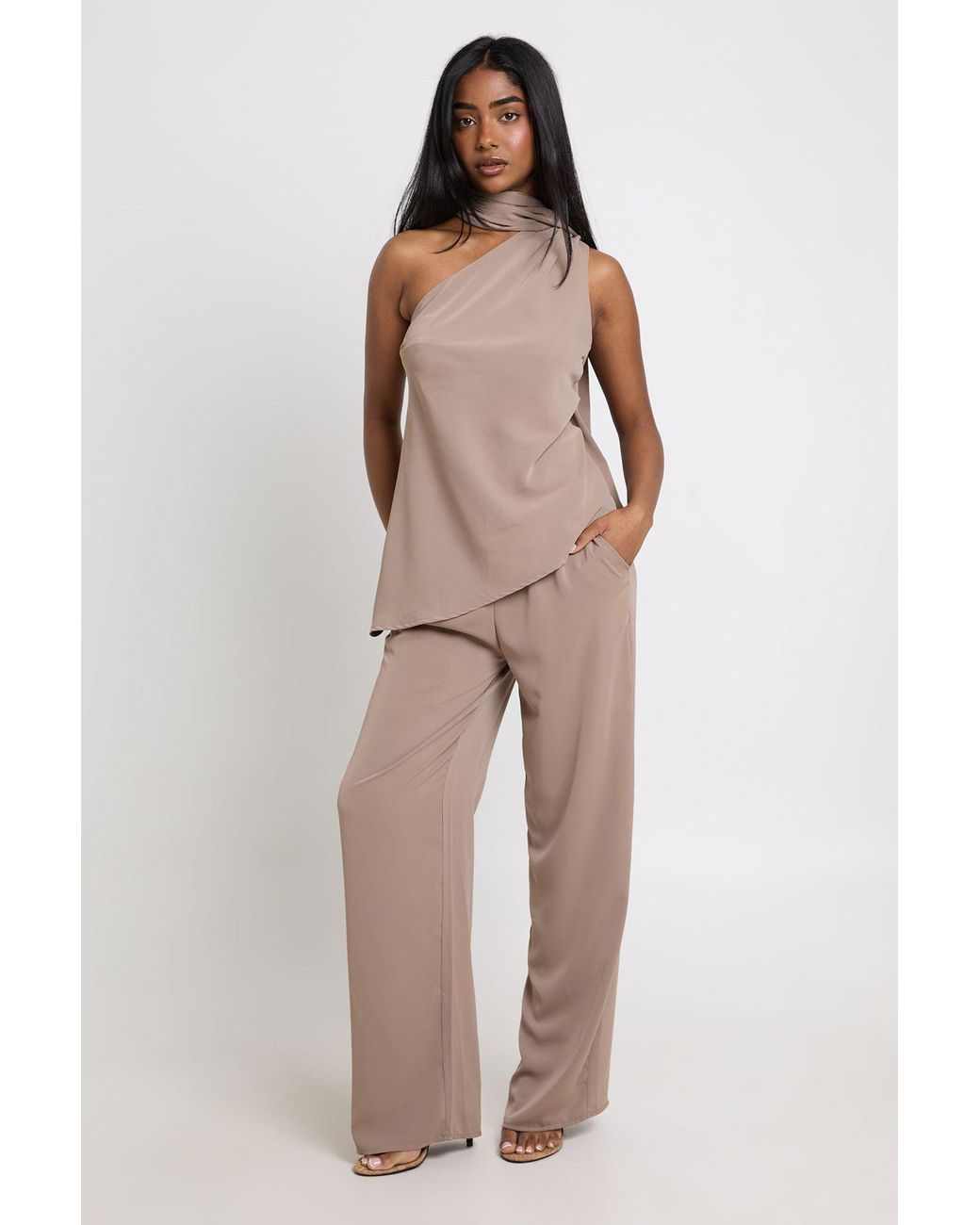 Boohoo Natural Wrap Scarf Detail Top And Wide Leg Trouser Co-Ord