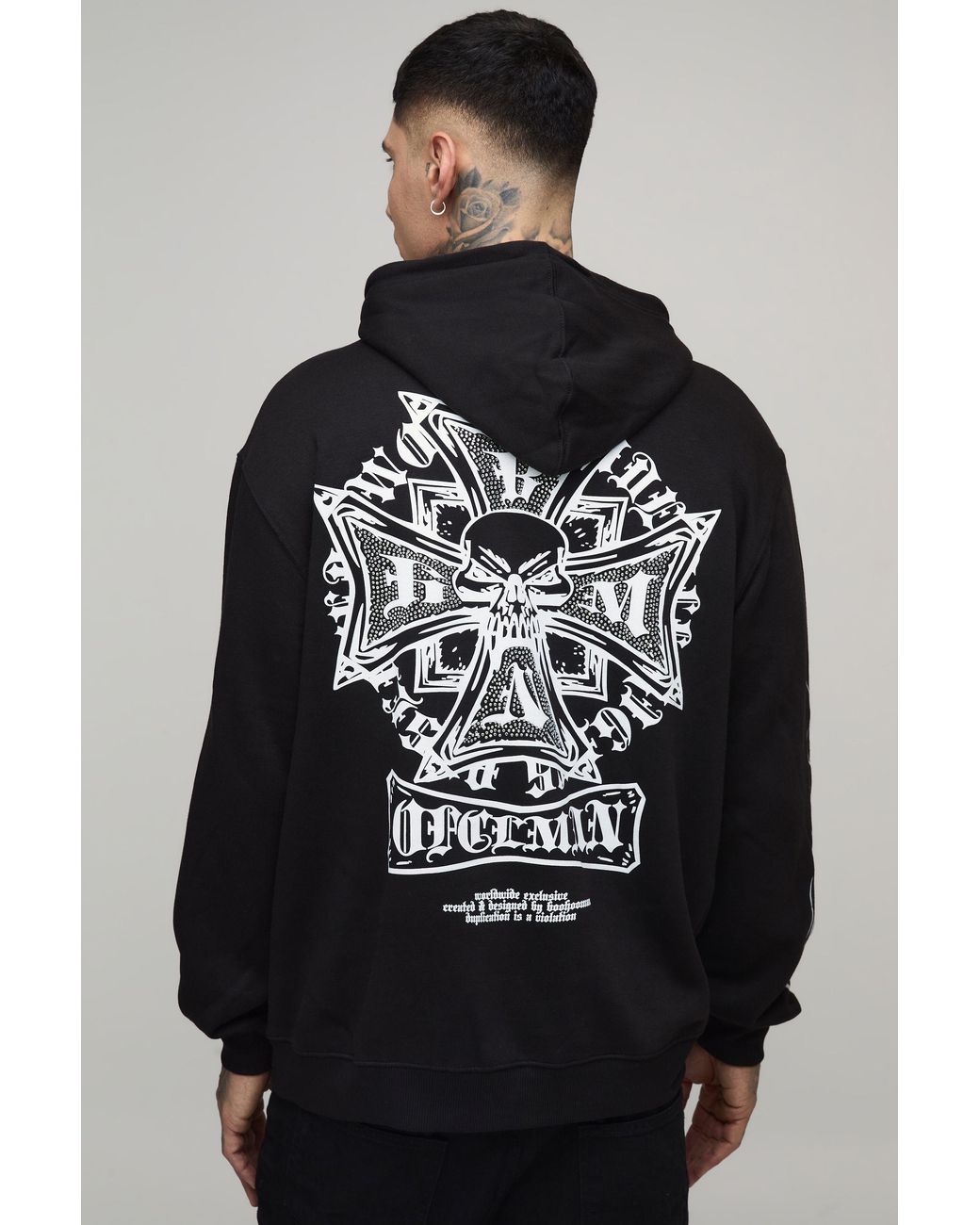BoohooMAN Black Tall Oversized Gothic Rhinestone Graphic Hoodie for men