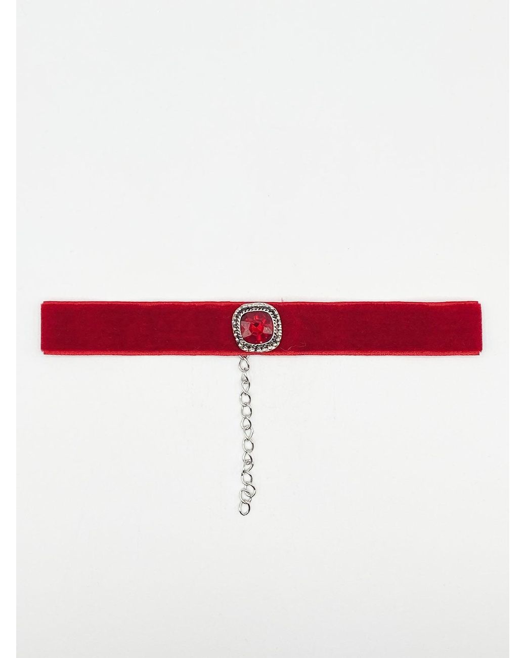 SVNX Red Faux Velvet Choker Necklace With Jewel
