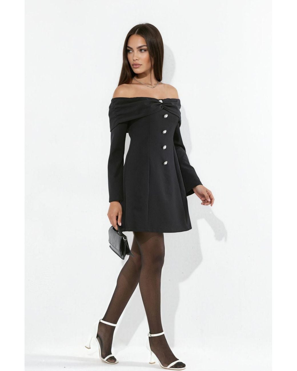 Hiccup Black Off-Shoulder Flare Mini Dress With Pearl Button Detail