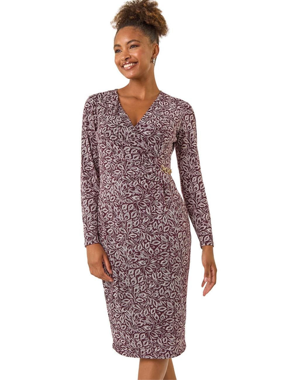 Roman Purple Leaf Print Chain Detail Midi Dress