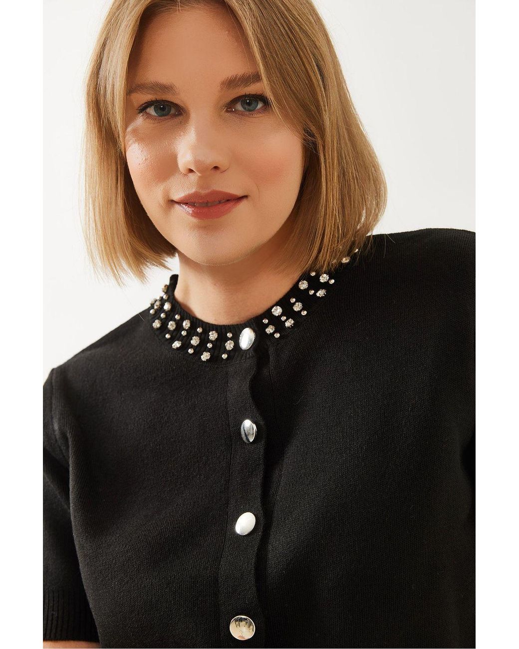 Bianco Lucci Black Crop Cardigan With Accessory Detail