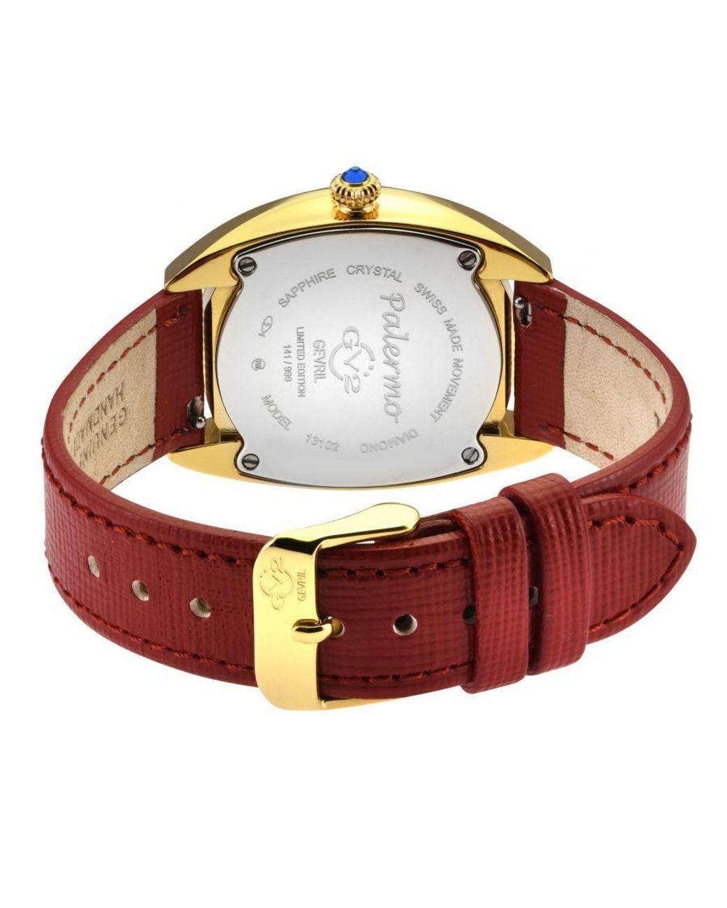 Gv2 Red Palermo Swiss Quatz Diamond Gemstone Leather Watch