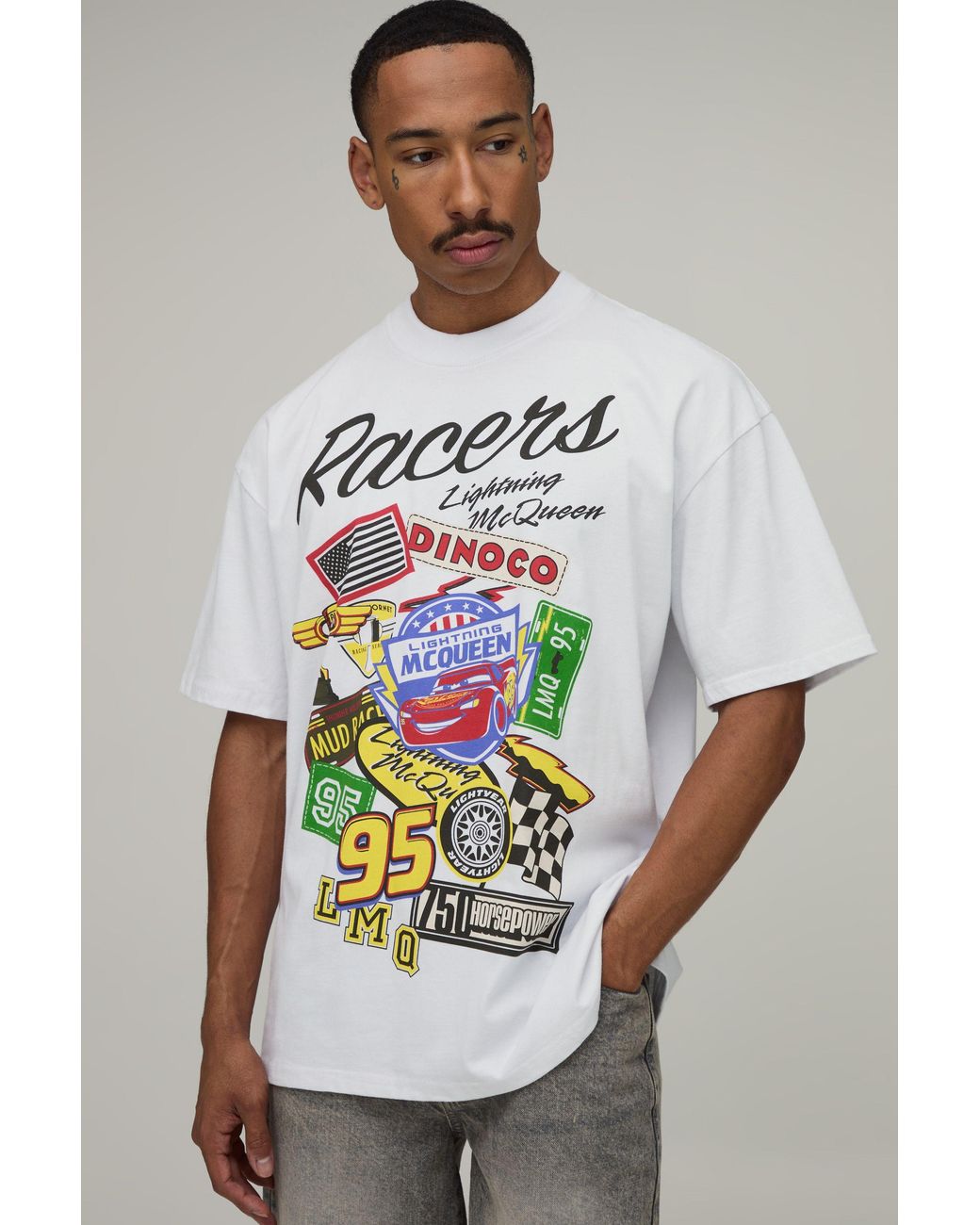 BoohooMAN Gray Oversized Lightening Mcqueen Badges License Print T-Shirt for men