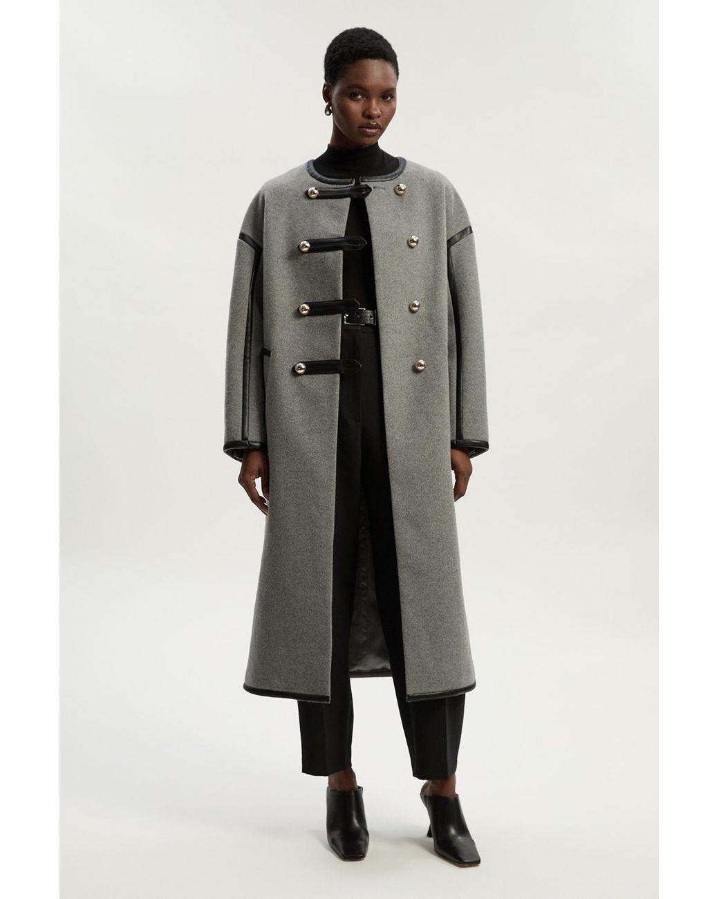 Karen Millen Gray Brushed Wool Pu Mix Tailored Collarless Midi Coat