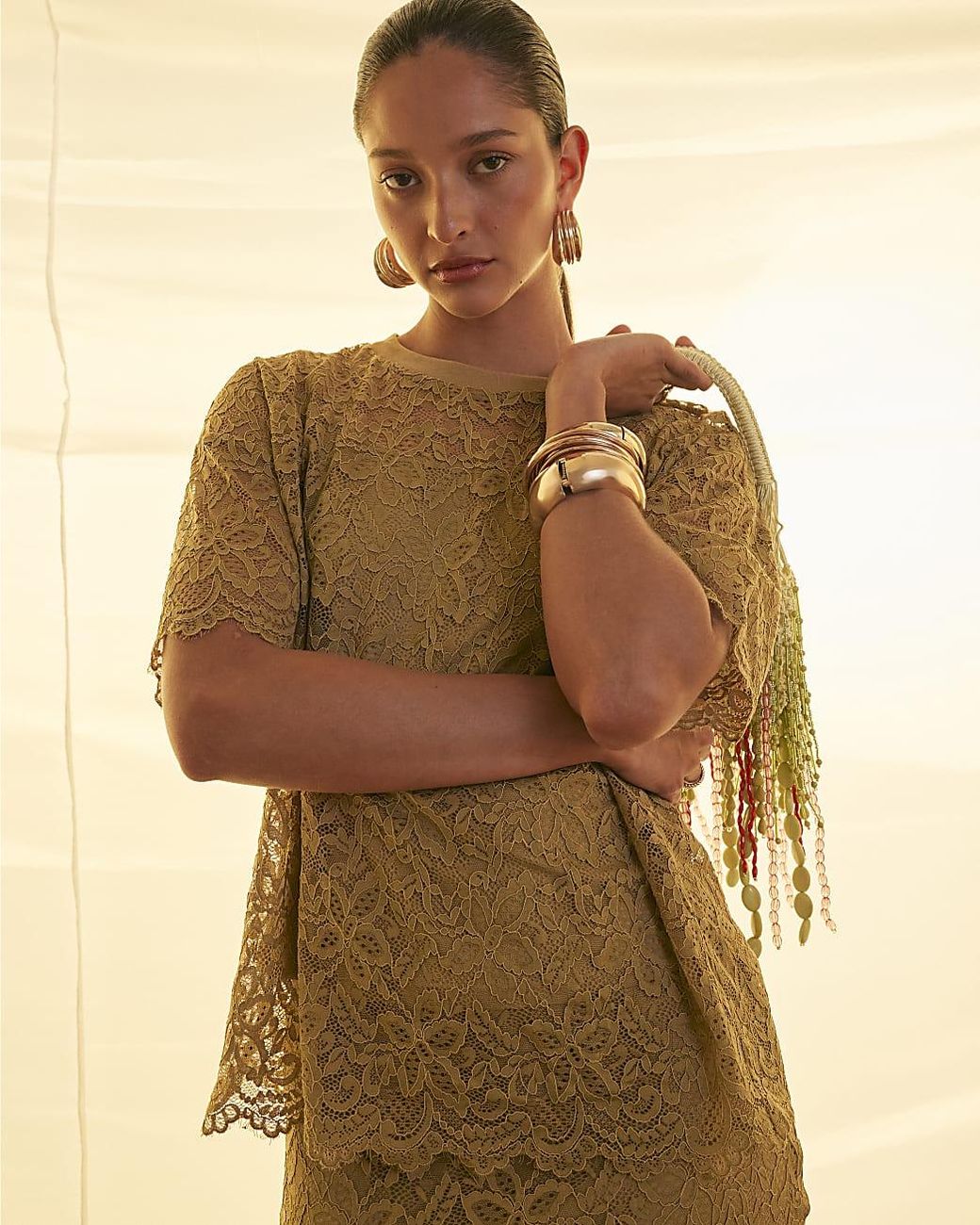River Island Natural T-Shirt Cotton Blend Short Sleeve Lace