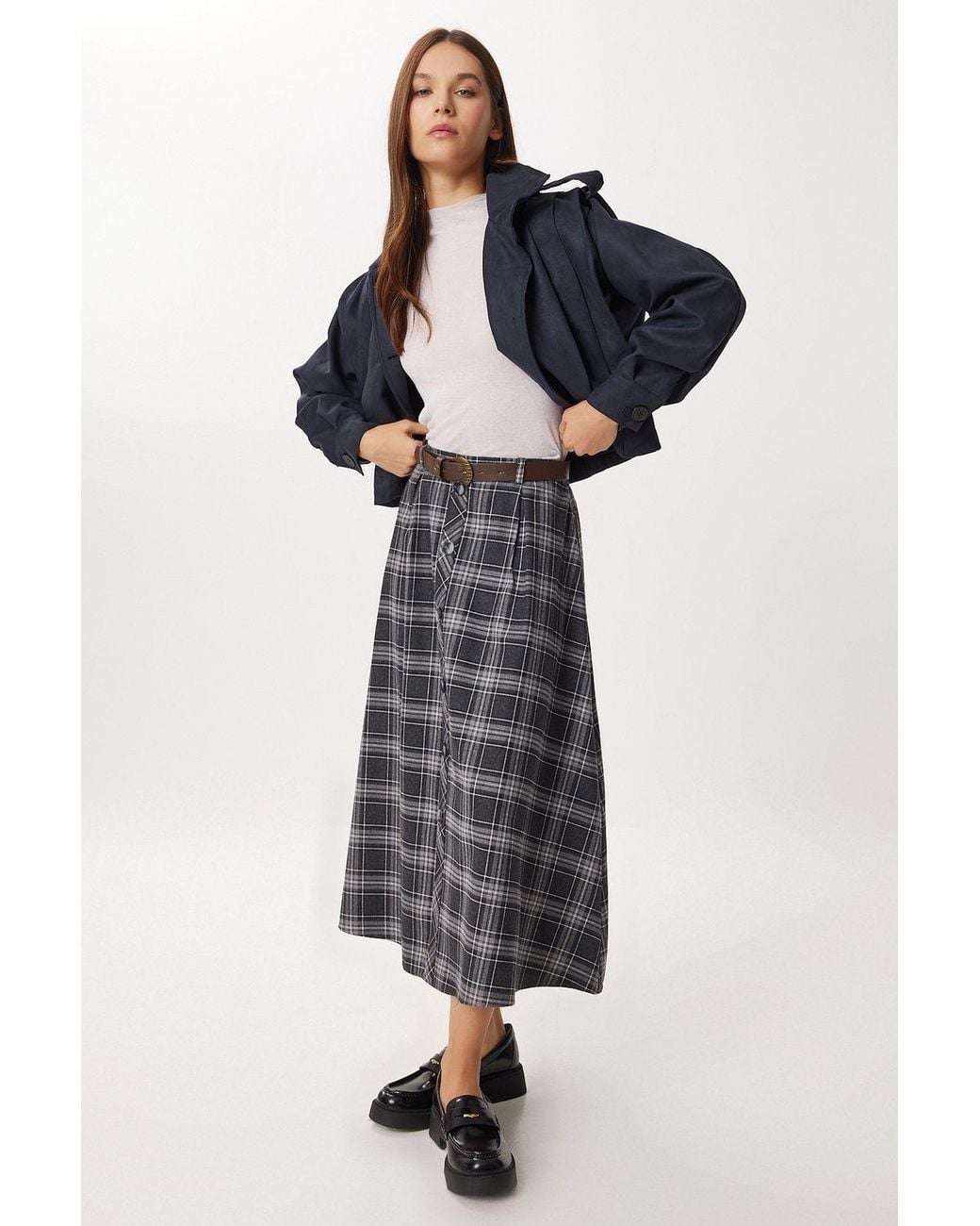 Happiness İstanbul Blue High Waist Midi Skirt With Button Closure
