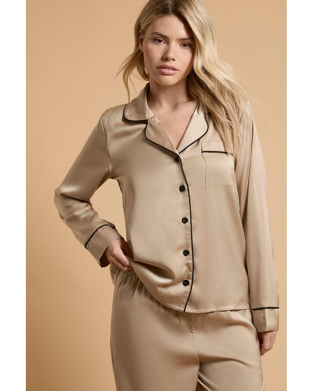 Oasis Natural Plain Satin Contrast Binding Nightwear Set