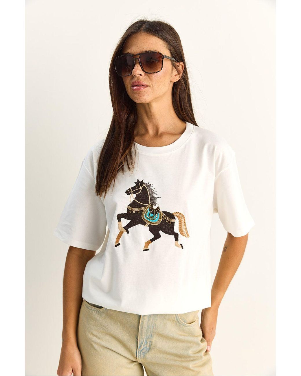 Bianco Lucci Natural Oversized Embroidered Sequin Crew Neck T-Shirt