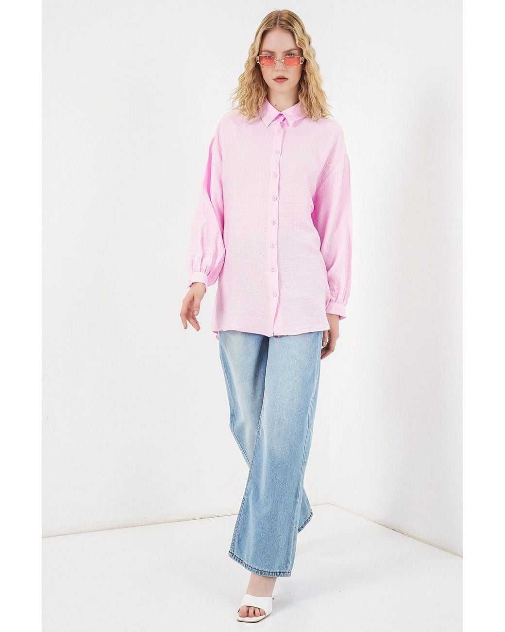Bigdart Pink Oversized Textured Long Blouse With Shirt Collar