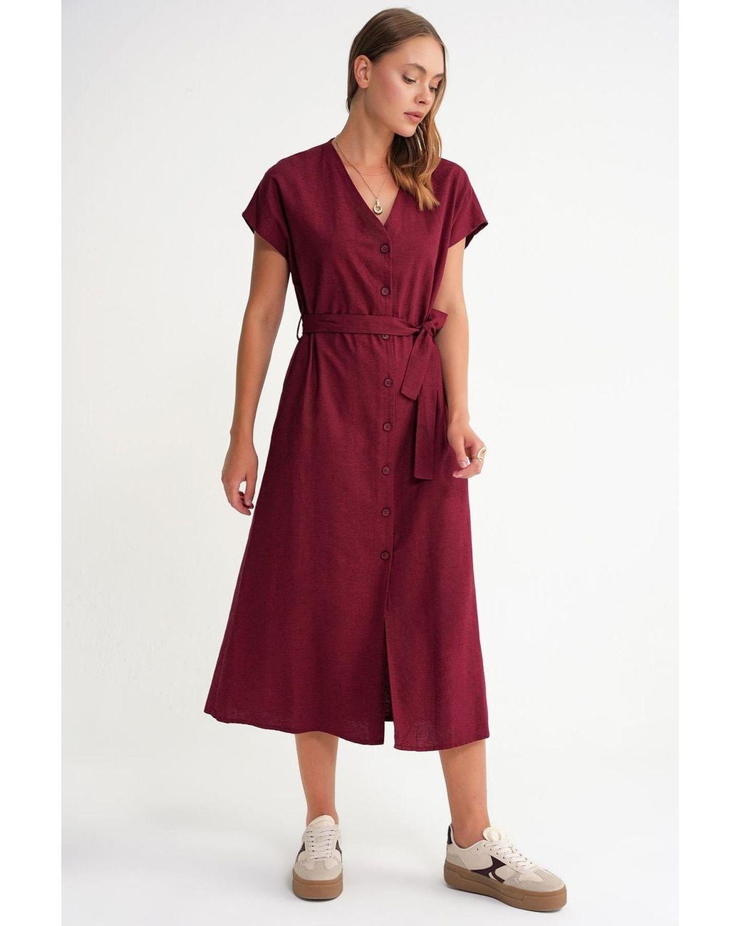 MixRay Red Belted Shirt Dress