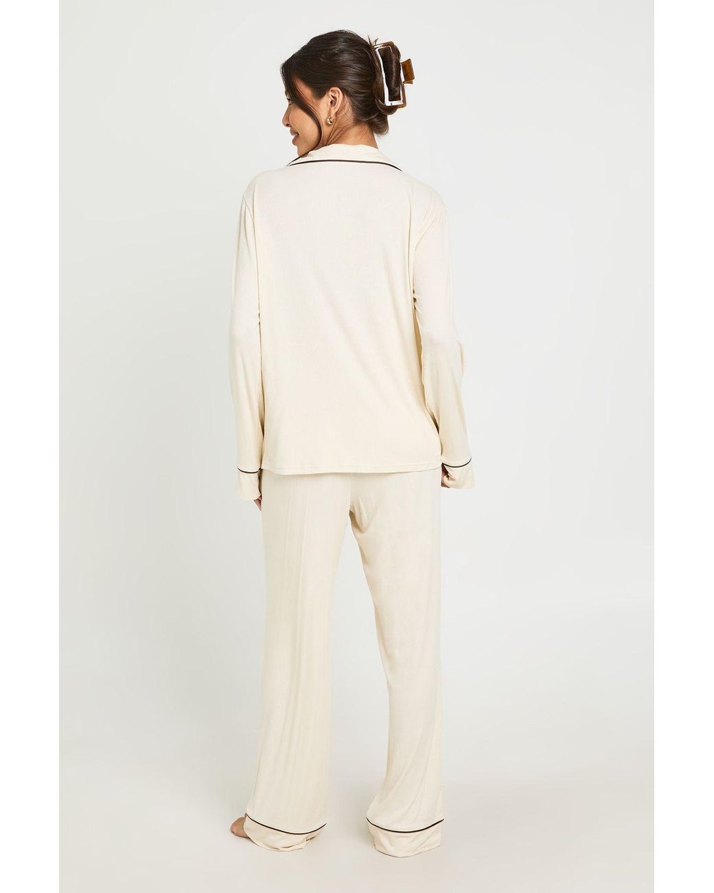 Boohoo Natural Soft Rib Piping Detail Long Sleeve Shirt & Trouser Pyjama Set