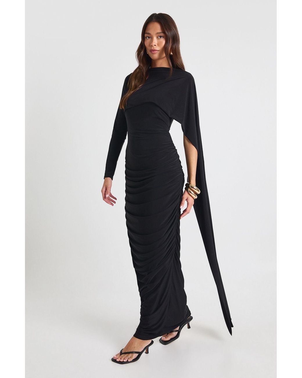 Boohoo Black Slinky Long Sleeve Drape Maxi Dress