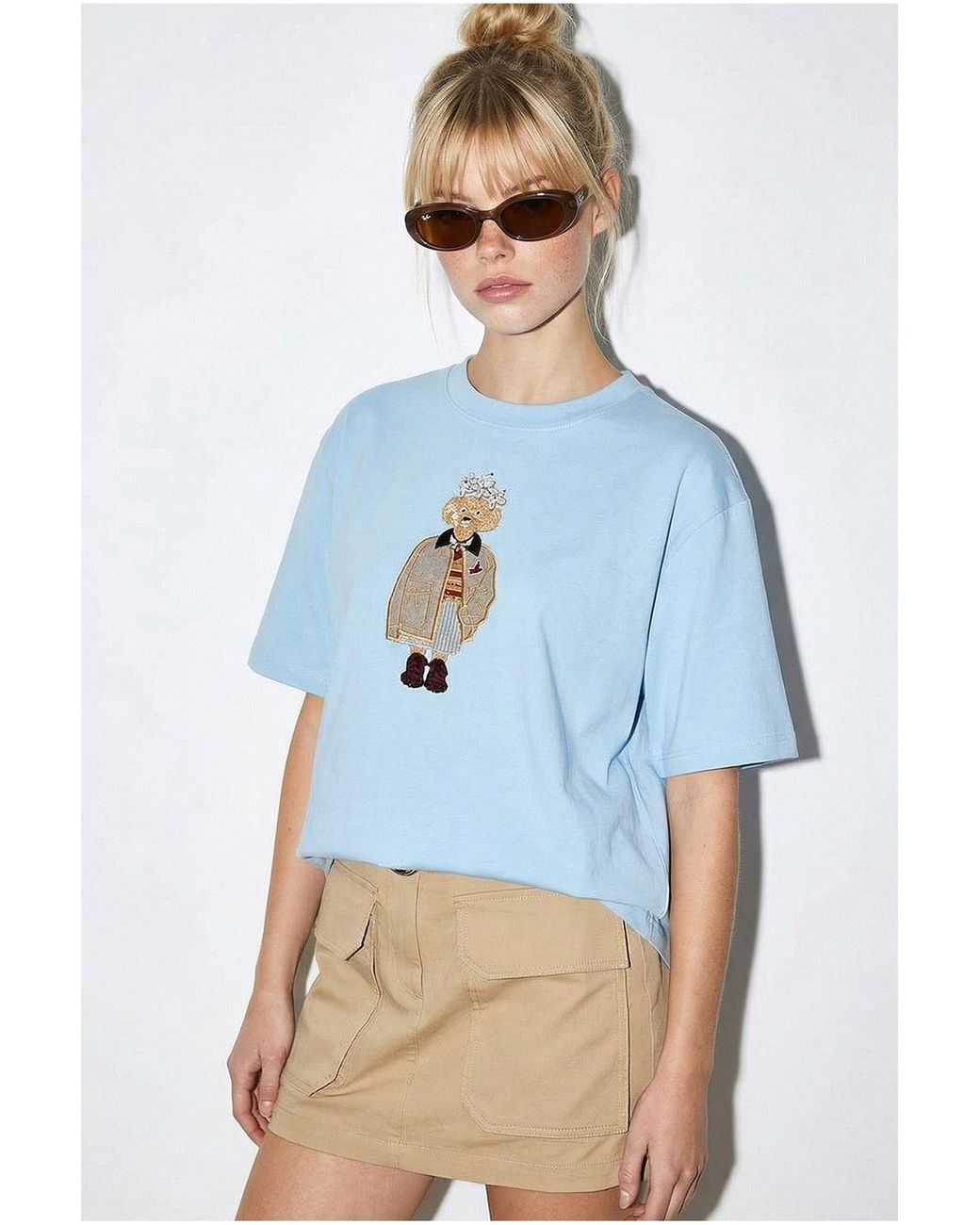 Bianco Lucci Blue Embroidered Crew Neck Relaxed Fit T-Shirt