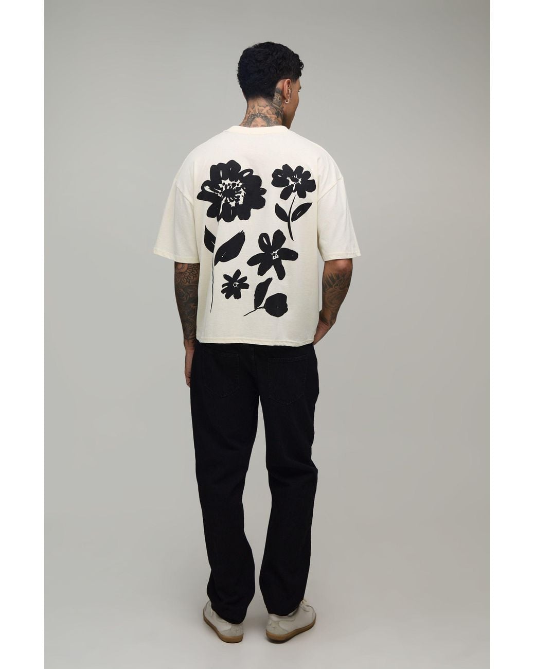 BoohooMAN Gray Tall Oversized Boxy Extended Neck Floral Print T-Shirt Cotton for men