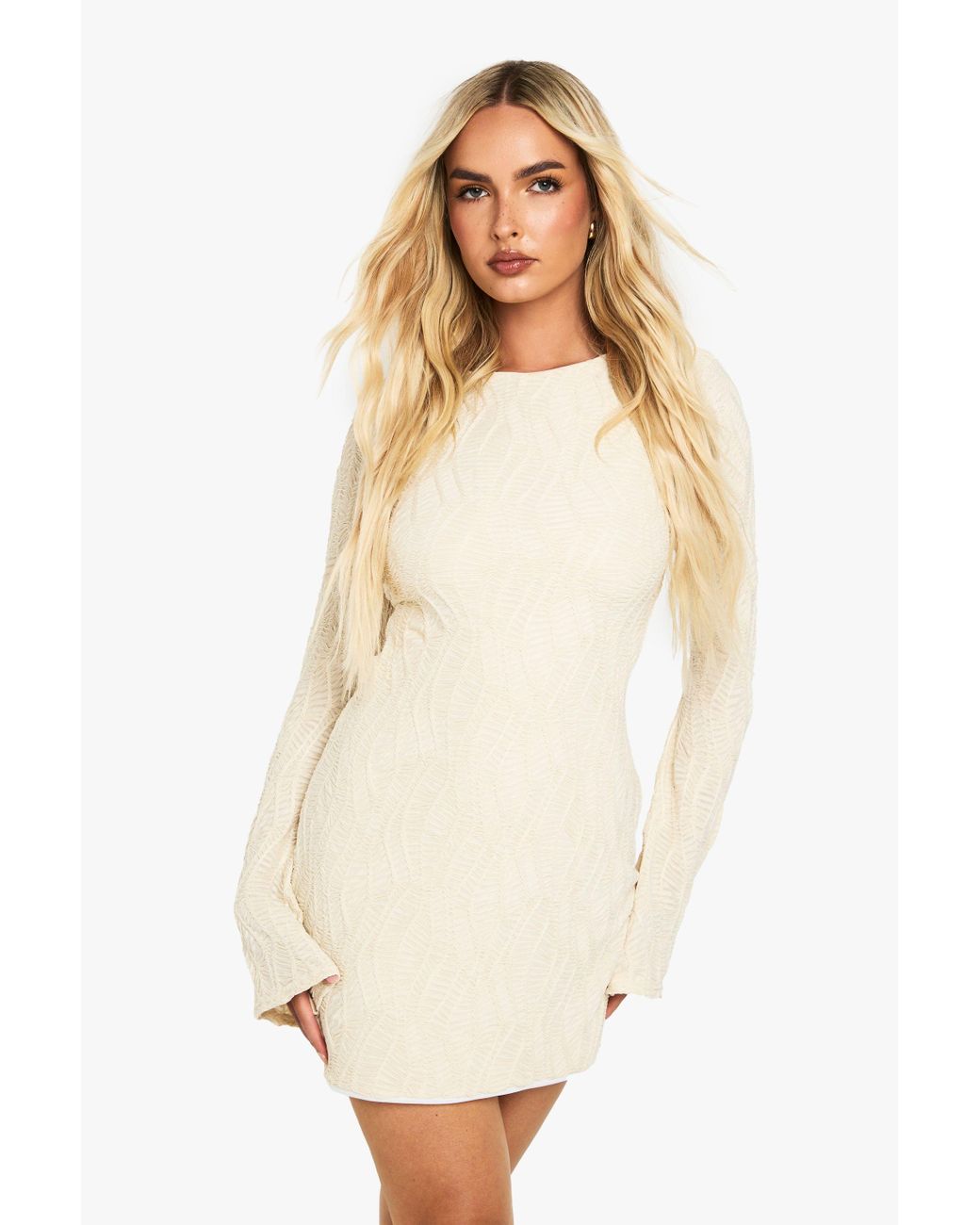 Boohoo White Textured Flare Sleeve Mini Dress