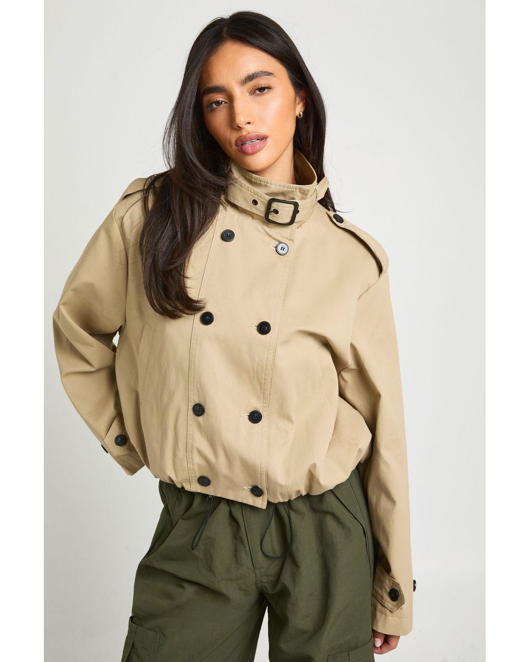 Boohoo Natural Double Breasted Funnel Neck Short Trench Coat