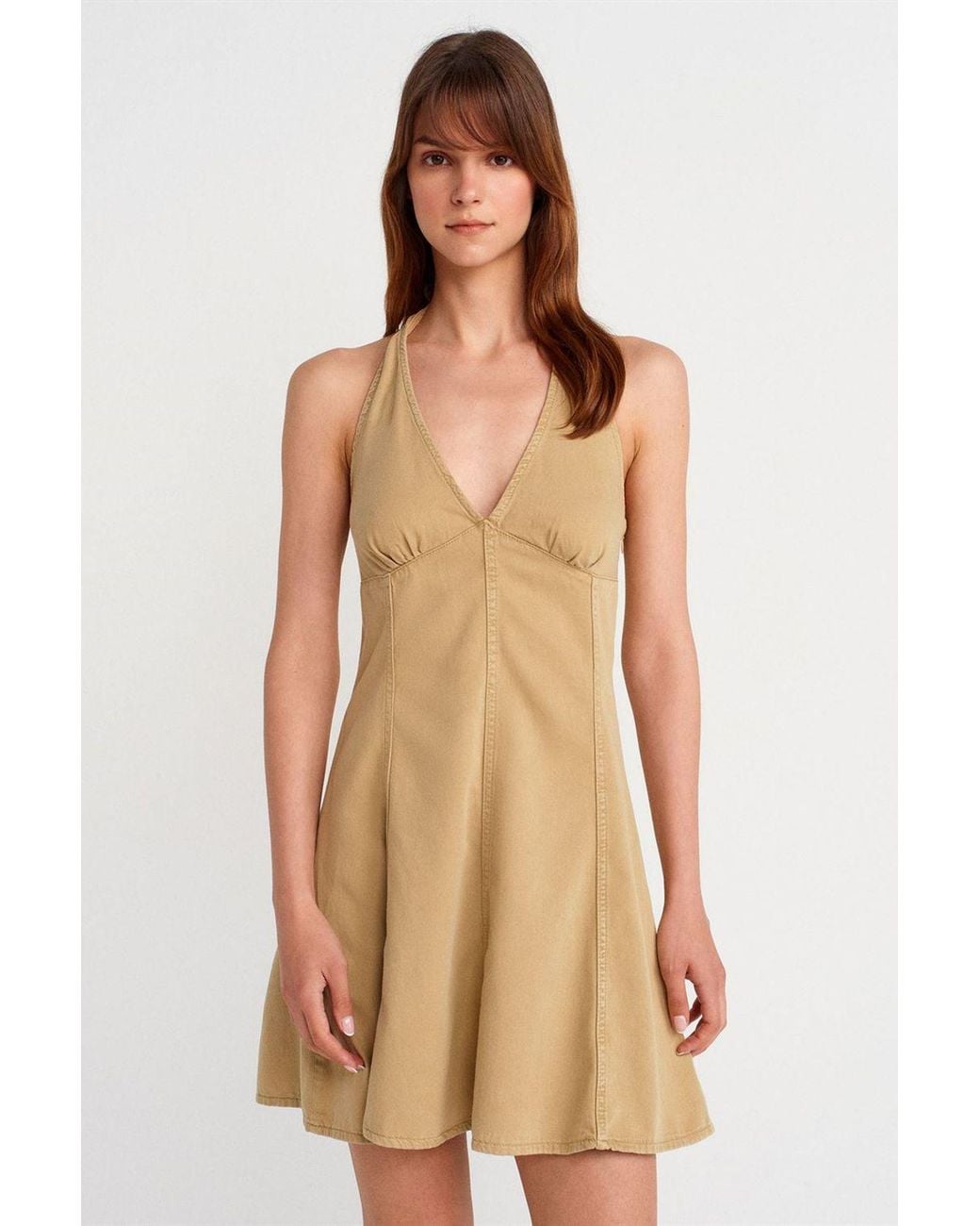 Dilvin Natural Halter Neck A-Line Mini Dress