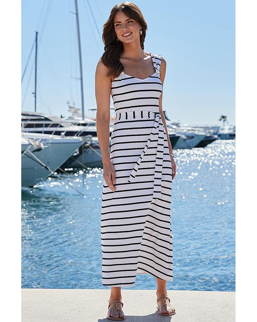 Sosandar Blue Stripe Print Tie Waist Jersey Midaxi Dress