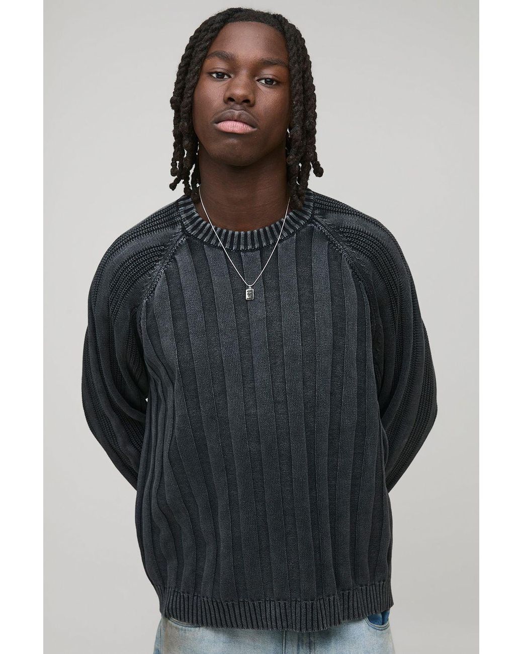 BoohooMAN Gray Oversized Boxy Ribbed Acid Wash Knitted Jumper for men