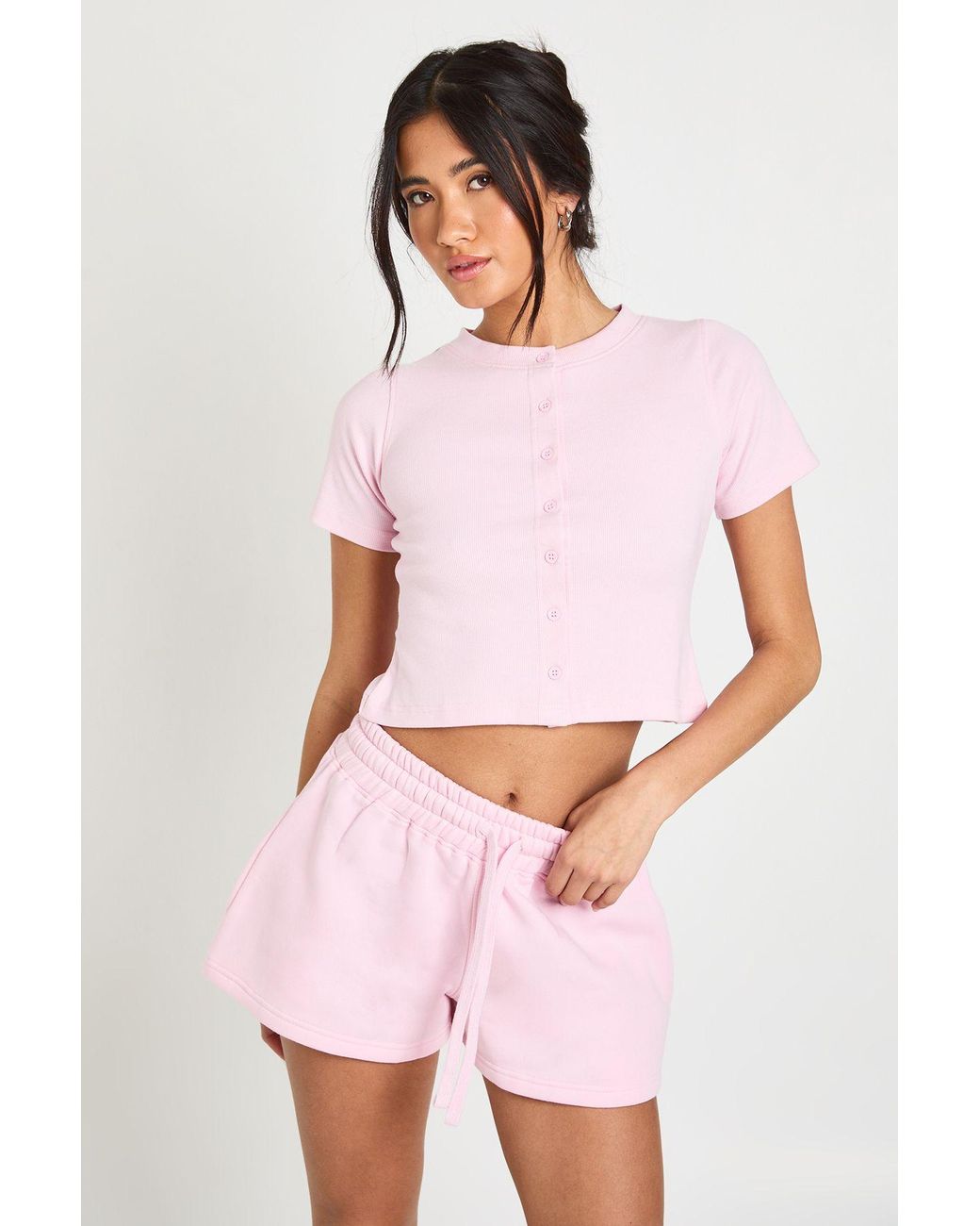 Boohoo Pink Ribbed Button Through Cap Sleeve Top And Short Tracksuit