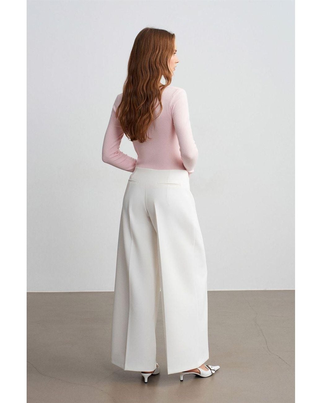 Dilvin White High-Waist Wide-Leg Crepe Trousers