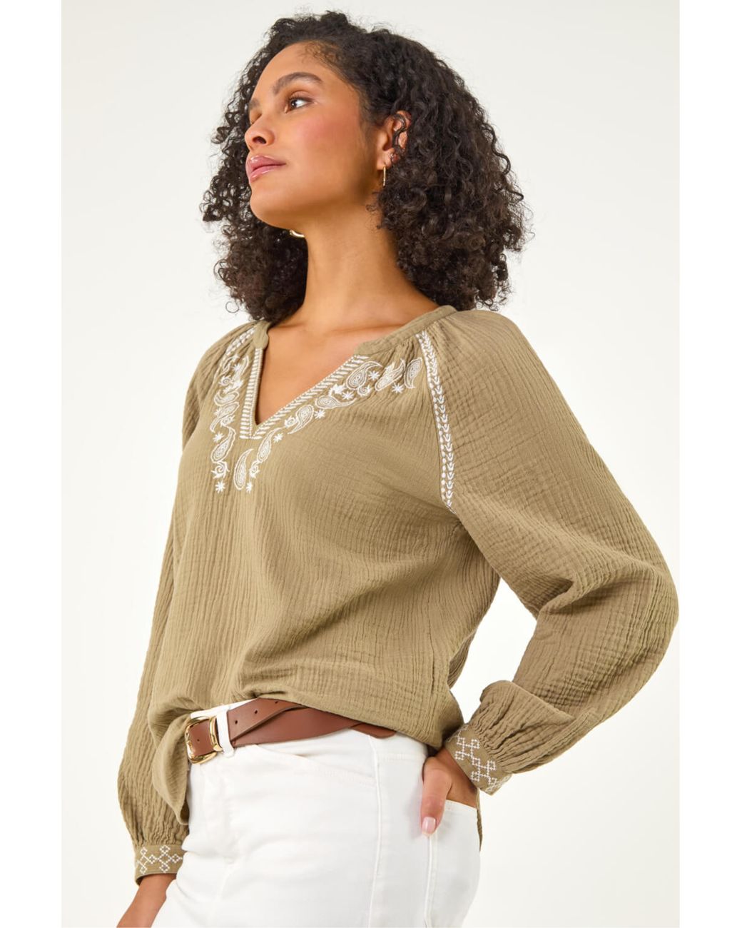 Roman Green Embroidered Neck Top