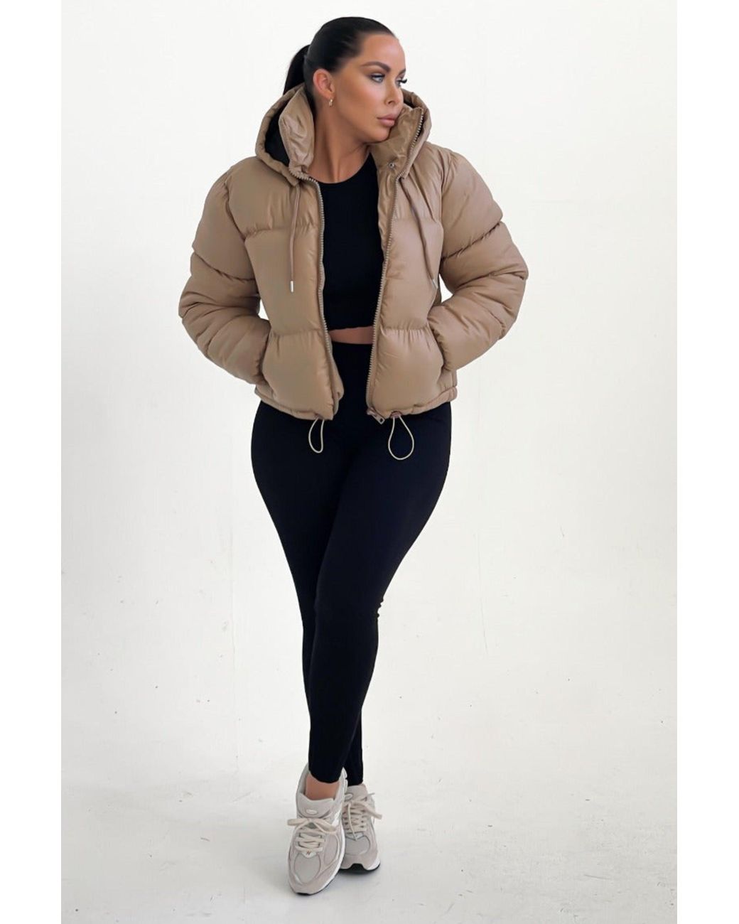 Femme Luxe Black Hooded Drawstring Cropped Puffer Jacket