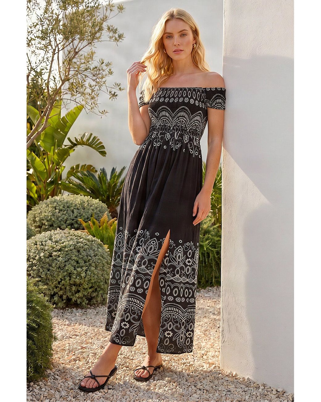 Roman Black Border Print Bardot Shirred Midi Dress
