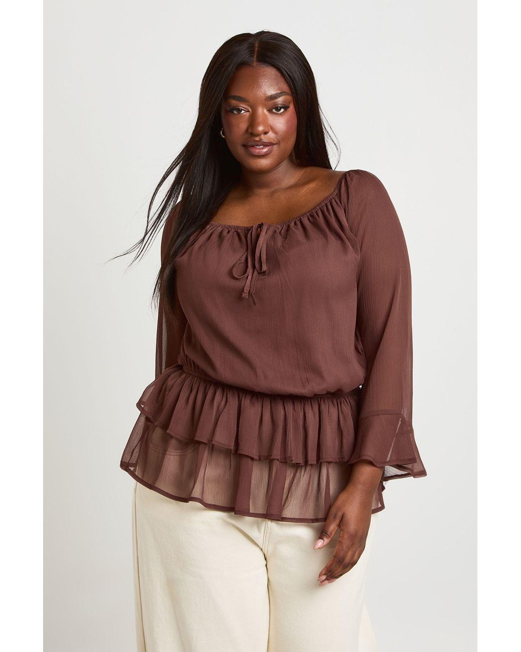 Boohoo Brown Plus Chiffon Blouson Top
