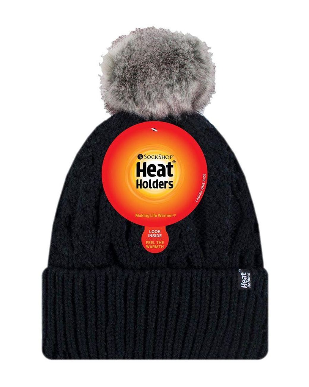 Heat Holders Black Ladies Ribbed Cuffed Pom Pom Bobble Beanie Hat With Fleece Lining