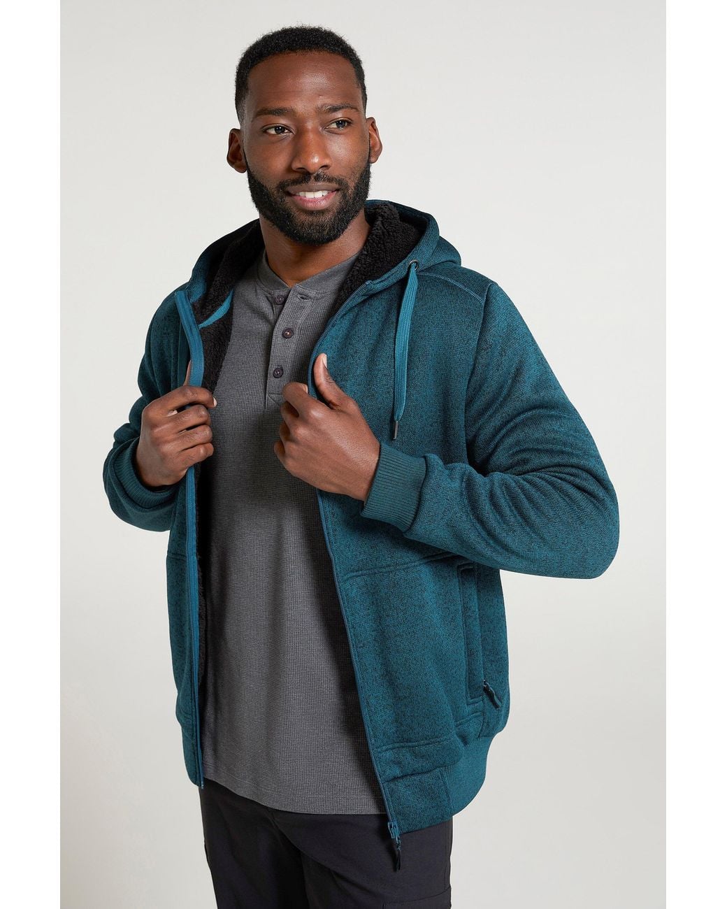 Mountain Warehouse Blue 'Nevis' Fur Lined Hoodie Adjustable Hood Soft Fleece Warm Cosy Jumper for men